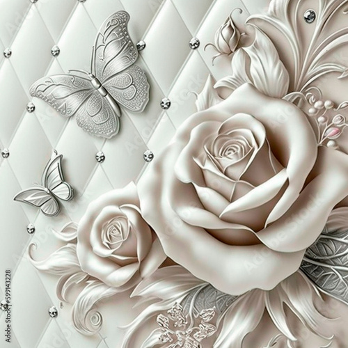 silk white rose and white butterflies on white leather photo