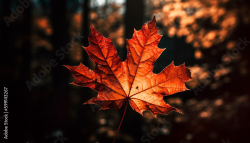 Vibrant autumn maple leaf  backlit with sunlight generated by AI