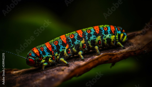 Striped caterpillar crawls on green plant outdoors generated by AI © djvstock