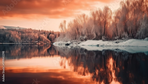Tranquil sunset reflects beauty in nature winter landscape generated by AI