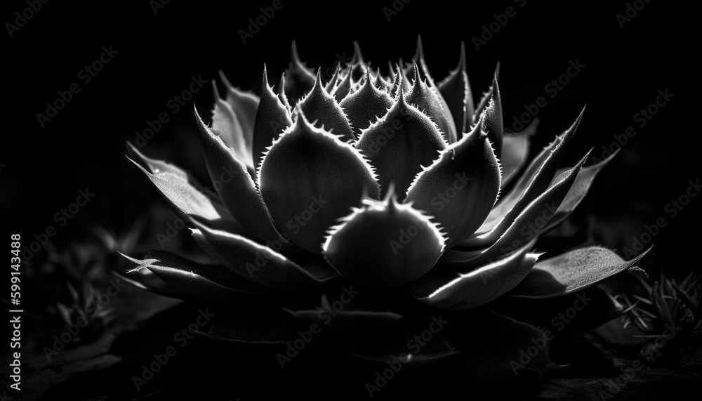 Sharp thorns on succulent plant in black background generated by AI