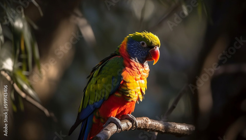 Vibrant macaw perched on green branch outdoors generated by AI