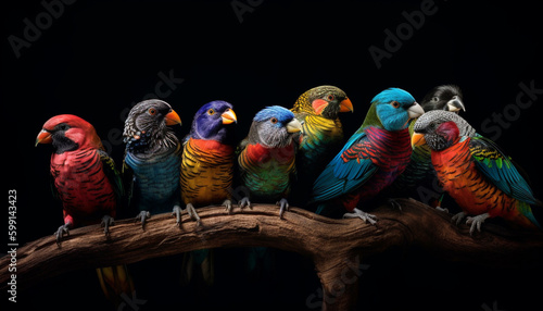 Vibrant macaws perching on branch in rainforest generated by AI
