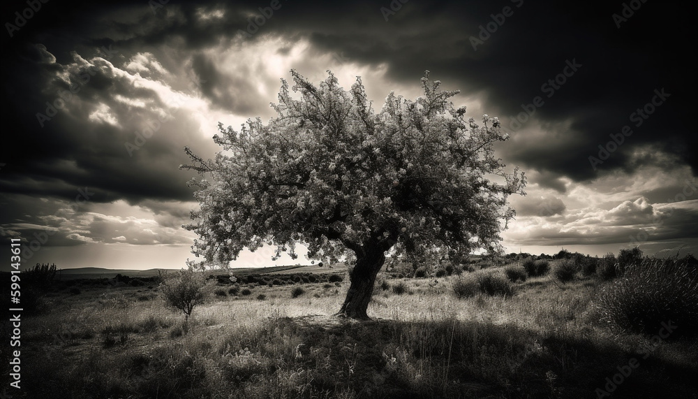 Silhouette of an old olive tree at dusk generated by AI