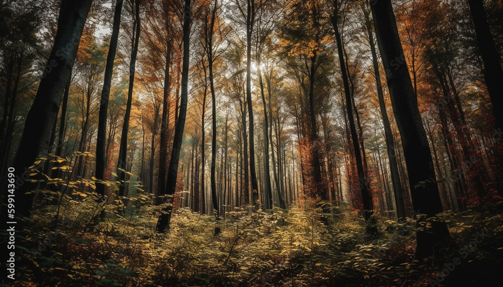 Obraz premium Vibrant autumn colors paint tranquil forest scene generated by AI