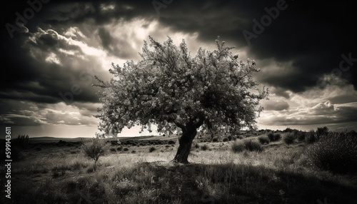 Silhouette of an old olive tree at dusk generated by AI