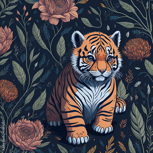 A detailed illustration of a cute chubby tiger cub  intricated details  t shirt design  seamless patterns  abstract design