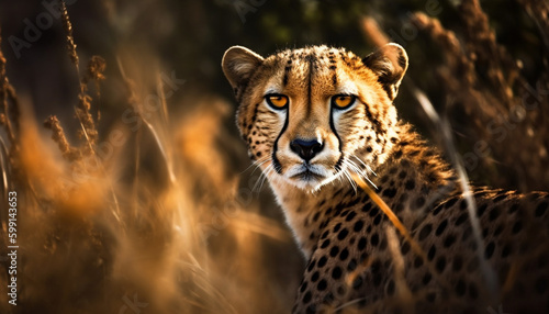 Spotted cheetah staring, majestic beauty in nature generated by AI
