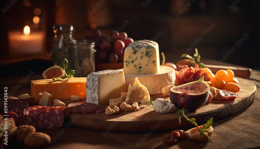 Gourmet cheese and meat tray for lunch generated by AI Gourmet cheese and meat tray for lunch generated by AI