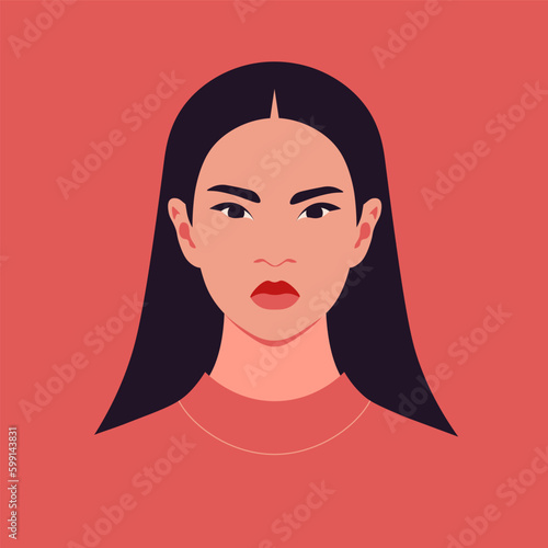 The portrait of an angry Asian woman. The avatar for social media. Vector illustration in flat style.
