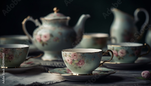 Hot drink set on rustic wooden table generated by AI