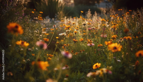 Wildflowers blossom in meadow at sunset dusk generated by AI © djvstock
