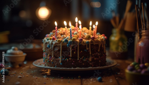 Birthday cake baked with chocolate and fruit generated by AI