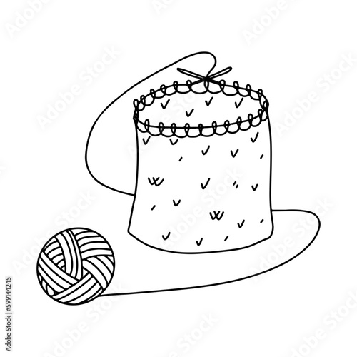 Knitting proccess in hand drawn doodle style. Vector illustration isolated on white. Coloring page.