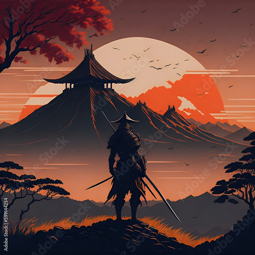 A masked samurai warrior standing on a hilltop, with his army gathered behind him in formation