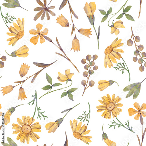 floral seamless pattern, watercolor drawing plants and flowers , hand drawn botanical illustration