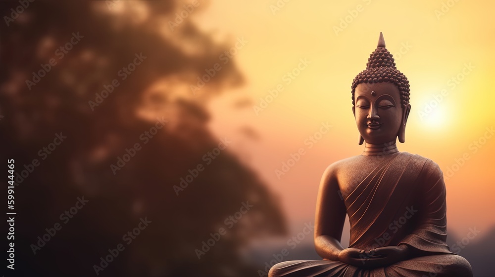 Buddha statue on sunset background.Generative Ai