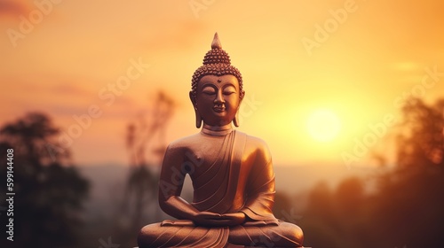 Buddha statue on sunset background.Generative Ai © Rudsaphon