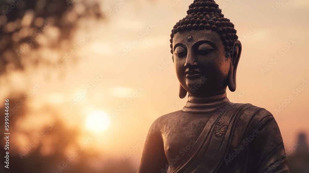 Buddha statue on sunset background.Generative Ai Buddha statue on sunset background.Generative Ai