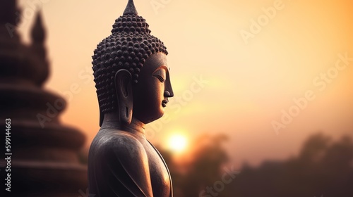 Buddha statue on sunset background.Generative Ai
