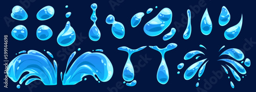 Foto Cartoon set of water drops and splashes isolated on black background