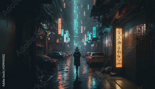 Men walk on the road in The Dark Knight in the Cyber City, digital art, cyberpunk, cybercity. Generative AI