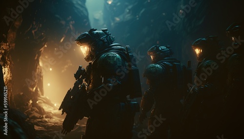 modern Hightech weapon soldiers in a cave on a mission with ghost protocol position, advanced technology soldier with guns in cave mission. Generative AI © Chexy139