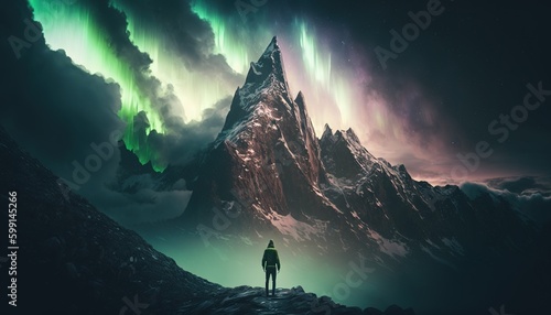 alone man adventurer standing looking at a mountain and aurora borealis, a man standing on a mountain and looking to northern lights. Generative AI