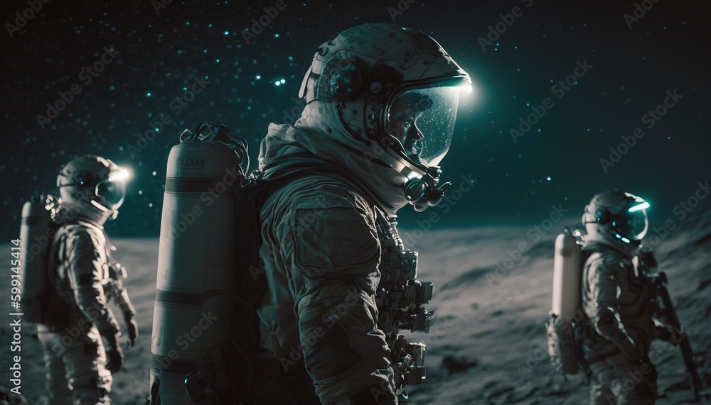 Fototapeta premium astronaut on the moon with swearing white astronaut suit, moon space. Generative AI