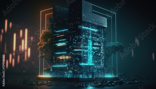 Blockchain technology mind-brain with a tree surrounded by blue glass and a hologram view. Generative AI