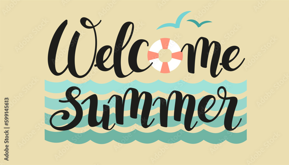 Welcome summer, logo template in a retro design. Vector illustration of summer lettering with sea waves Welcome summer, logo template in a retro design. Vector illustration of summer lettering with sea waves