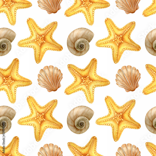 Orange starfish, sea scallop, seashell. Inhabitants of the seabed. Watercolor seamless pattern on white background. For summer card making, wrapping paper, wallpaper, fabric, postcards design