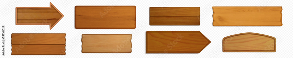 Realistic set of wooden arrow signs, signboards, direction indicators isolated on transparent background. Vector illustration of blank boards made of natural oak. Vintage pointers, rustic banners