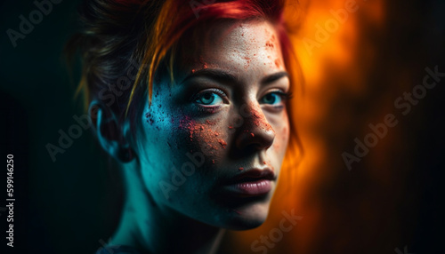 Young adult woman with fiery red hair generated by AI