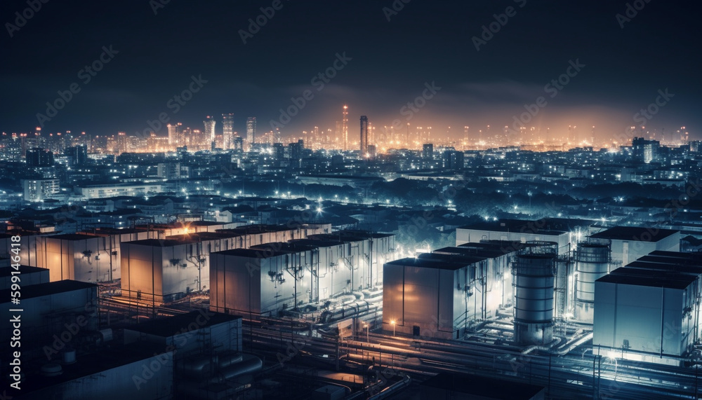 Illuminated cityscape at dusk with industrial pollution generated by AI