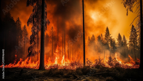 Burning pine tree  forest fire  environmental damage generated by AI
