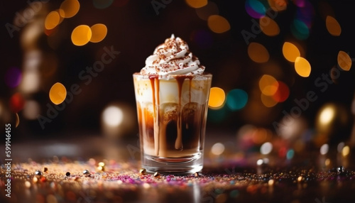 Whipped cream and chocolate decorate milkshake delight generated by AI