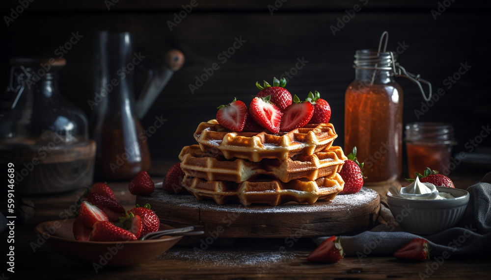 Fresh berry waffle stack on rustic wood table generated by AI