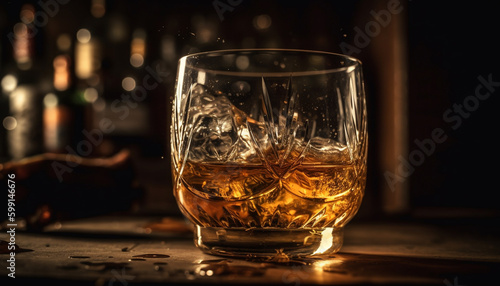 Luxury whiskey glass reflects golden party celebration generated by AI
