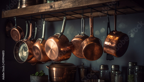 Antique kitchen utensils collection on rustic shelf generated by AI