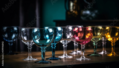 Luxury wineglass collection reflects elegance in close up generated by AI