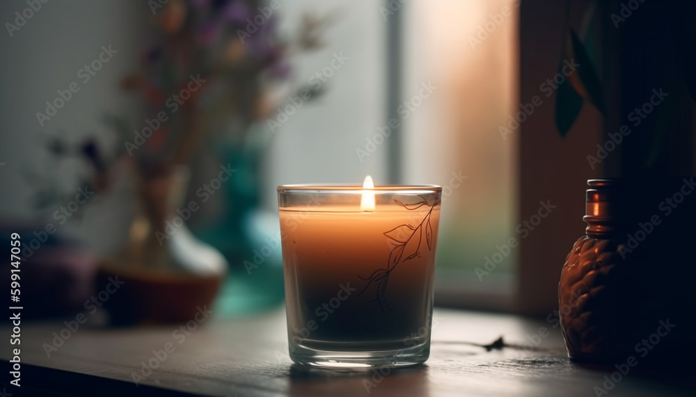 Candle burning on table, flame illuminates room generated by AI Candle burning on table, flame illuminates room generated by AI
