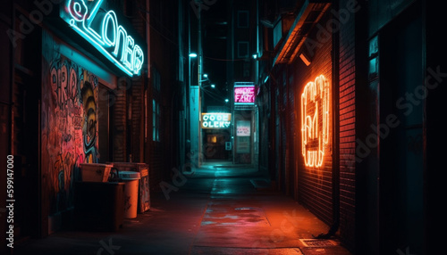 Glowing neon signs illuminate the city nightlife generated by AI