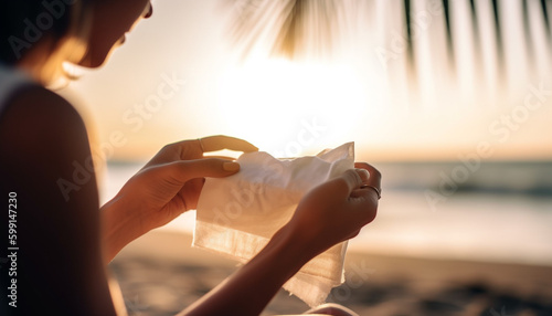 Young woman holding paper bag enjoys beach vacation generated by AI