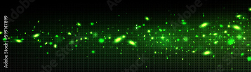 Green fireflies glowing on dark transparent background. Vector realistic illustration of abstract neon lights sparkling, magic dust particles texture, mysterious stars shimmering in space galaxy