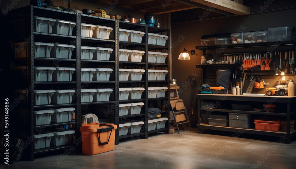 Men working inside workshop, crafting old fashioned bookshelf generated by AI