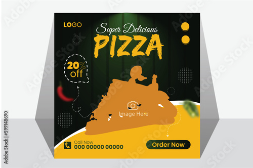 Fast food restaurant business marketing social media post or web banner template design with abstract background, logo and icon. Fresh pizza, burger & pasta online sale promotion flyer or poster.