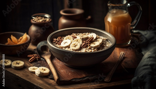 Fresh oatmeal and fruit in rustic bowl generated by AI