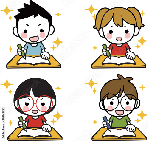 勉強にやる気をだす子供のイラストセット