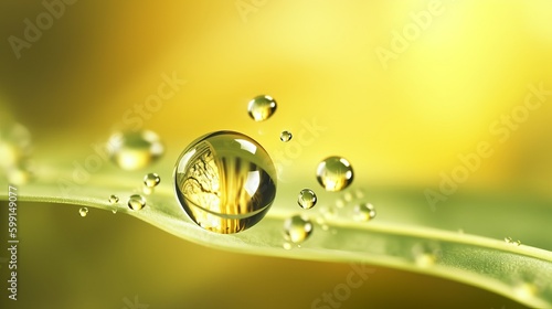 fractal waterdrop, light yellow nature background, drop of water, water drops on green, drop of water on leaf, Generative AI